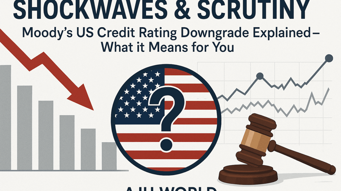 Banner For Us Credit Rating Downgrade Article With Economic Symbols And American Flag Ajh World