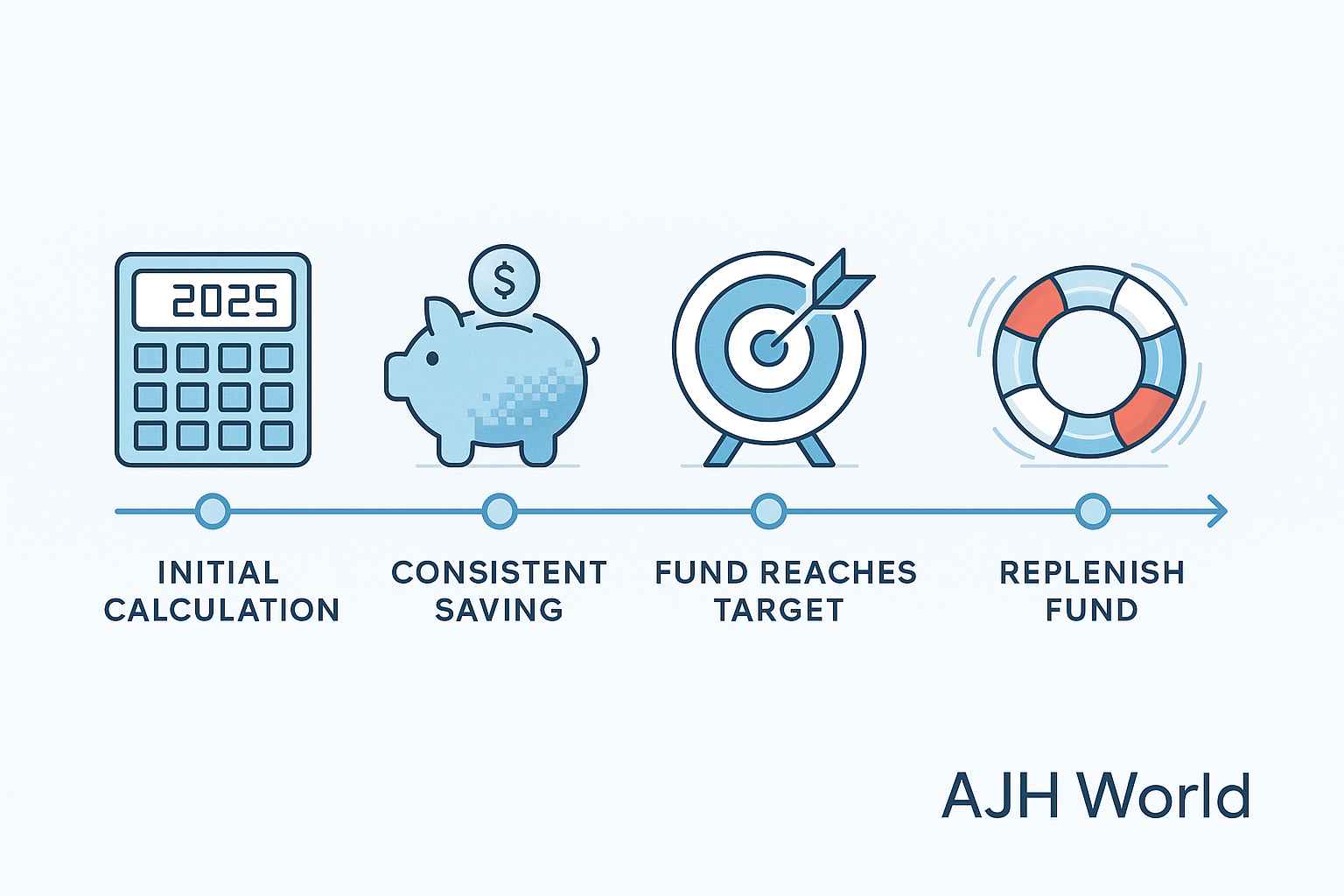 Timeline Showing Stages Of How To Create Your First Emergency Fund From Calculation To Replenishment Ajh World