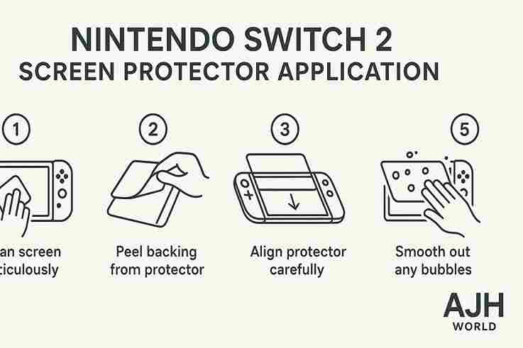 Infographic Step By Step Guide To Applying An Ajh World Screen Protector To The Nintendo Switch 2 Screen Ajh World
