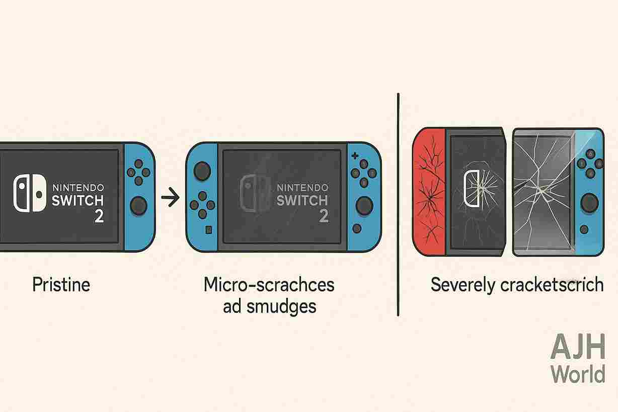 Potential Screen Damage Progression On A Nintendo Switch 2 With Only Its Nintendo Switch 2 Screen Film Layer Versus Full Protection From Ajh World