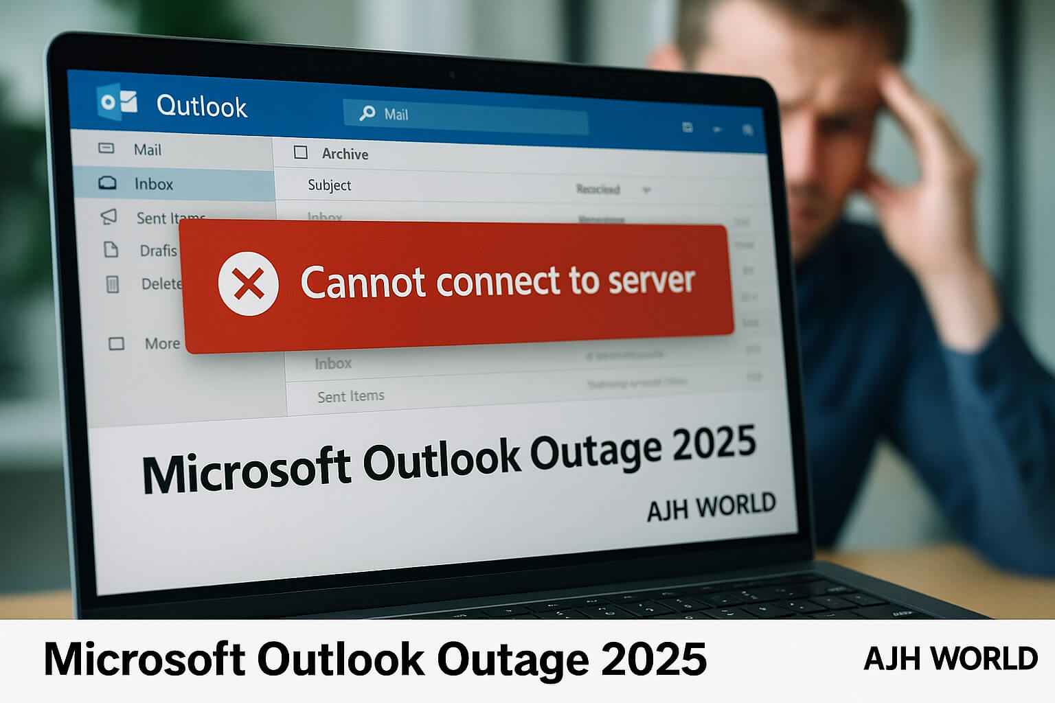 A laptop displaying a connection error during the Microsoft Outlook Outage 2025 AJH World