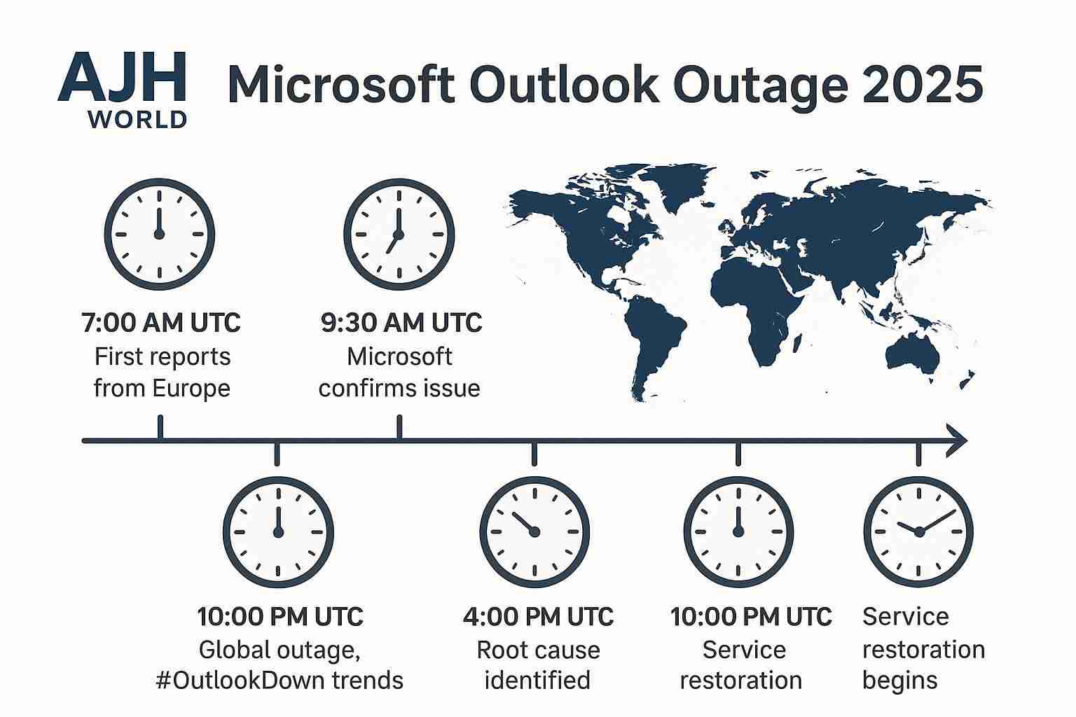 A timeline infographic detailing the key moments of the Microsoft Outlook Outage 2025 AJH World
