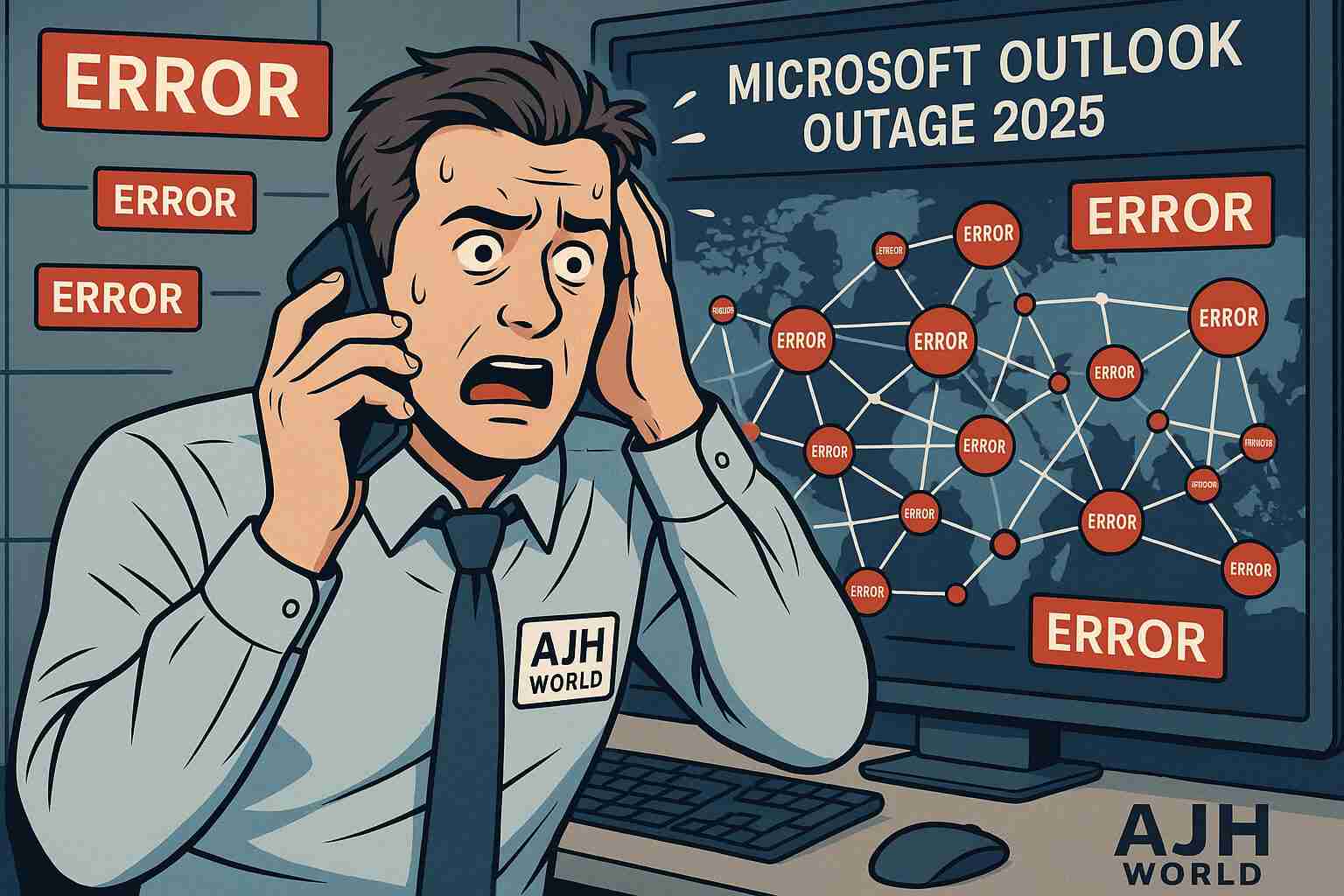 An IT professional managing the crisis during the Microsoft Outlook service failure in 2025 AJH World