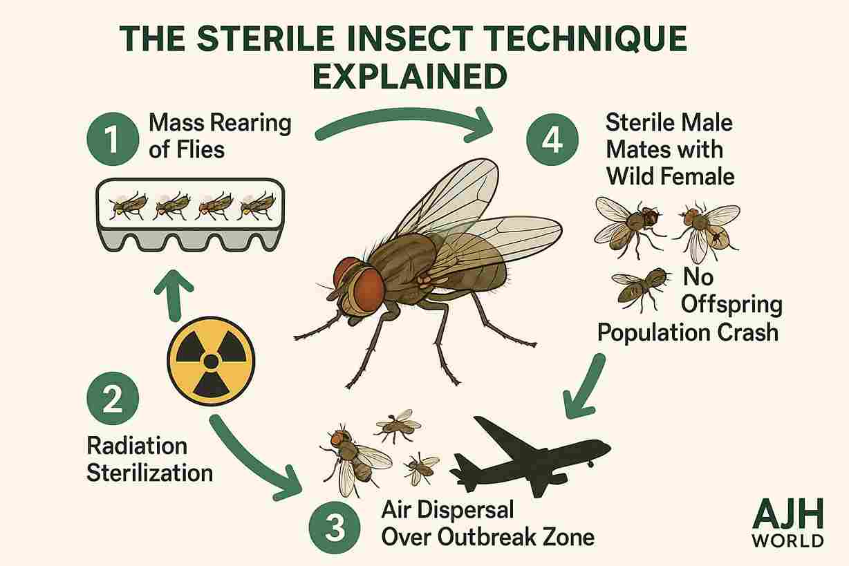 An infographic explaining how the Sterile Insect Technique (SIT) is being used to combat the New World Screwworm Outbreak 2025 AJH World
