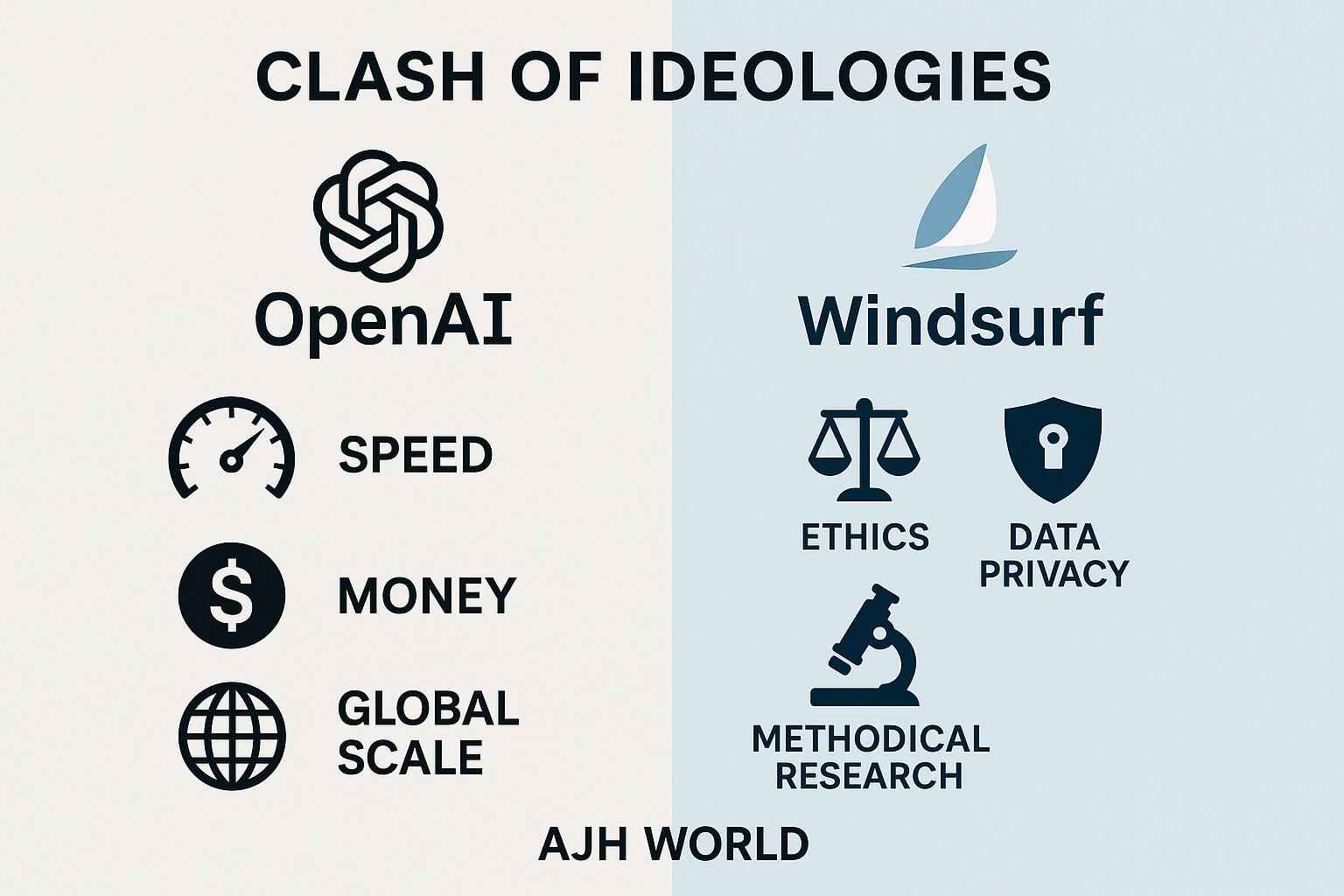 Comparison chart illustrating the different core philosophies of OpenAI and Windsurf that contributed to the acquisition fallout AJH World
