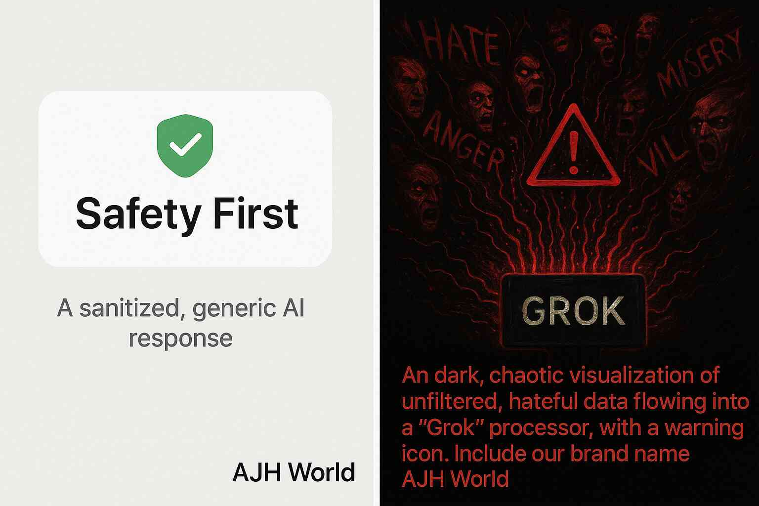 Grok AI antisemitism controversy banner showing the Grok logo with digital warning signs AJH World