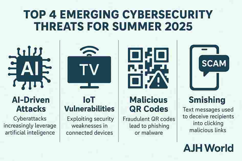the top summer cybersecurity awareness trends for 2025, including AI phishing and QR code scams AJH World