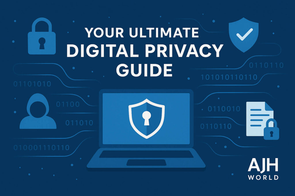 The Ultimate Digital Privacy Guide From AJH World Featuring A Shield Protecting User Data